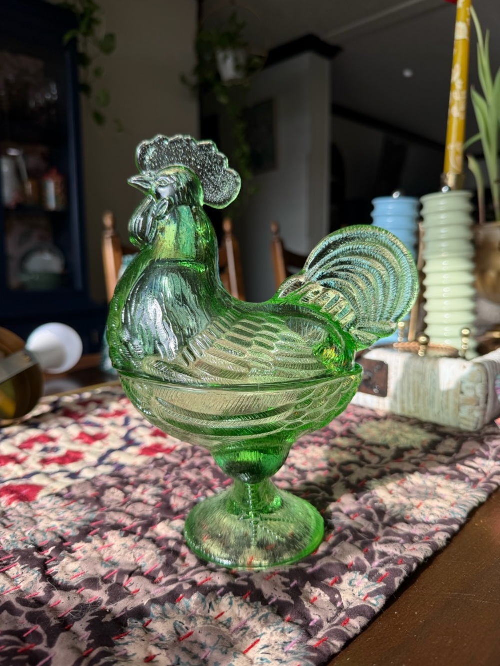 L.E. Smith Vintage green glass “Rooster on Nest” covered dish (COMPLETE)